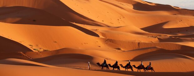 A group of travelers riding camels across the golden sands of the Merzouga desert at sunset, with towering dunes and a vibrant orange sky in the background. The camels create a serene, timeless scene as they traverse the vast, sweeping desert landscape