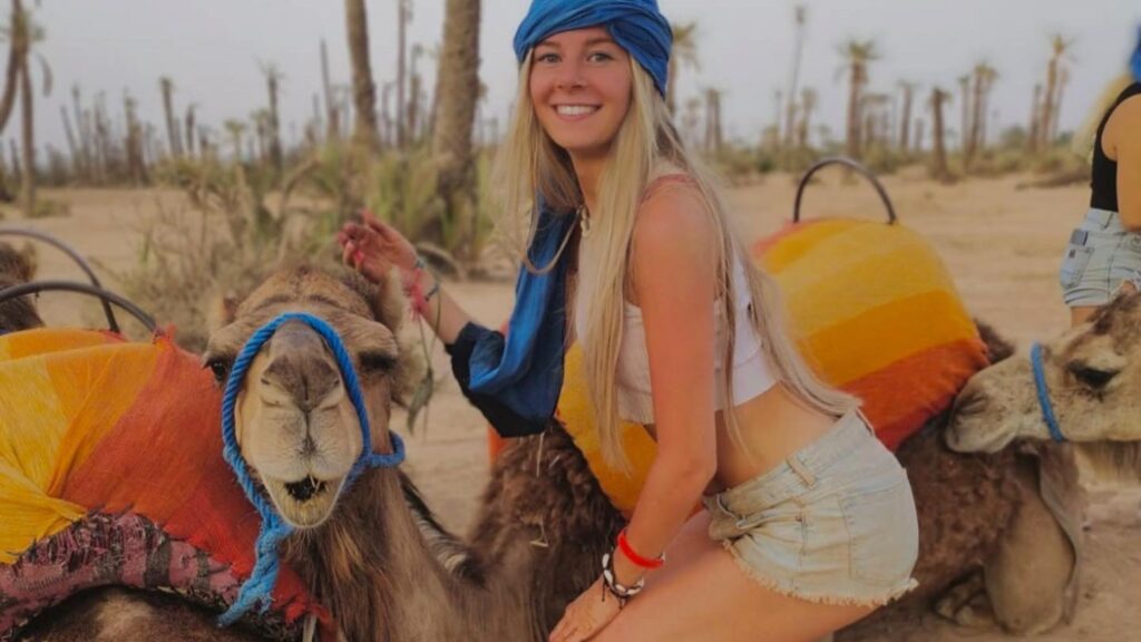 Evening camel ride with lanterns illuminating the path in Marrakech's Palmeraie.