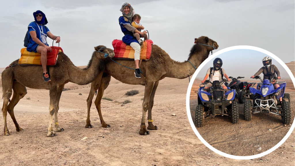 Camel ride in the Agafay Desert with a scenic sunset backdrop