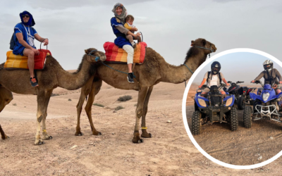 Camel ride in the Agafay Desert with a scenic sunset backdrop