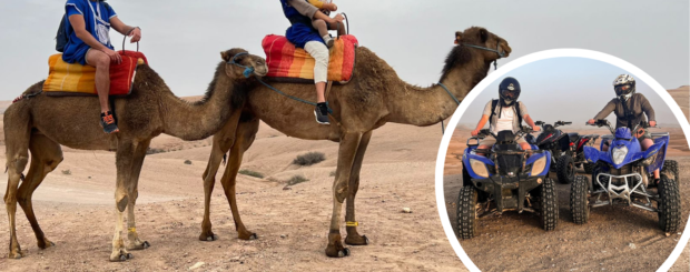 Camel ride in the Agafay Desert with a scenic sunset backdrop