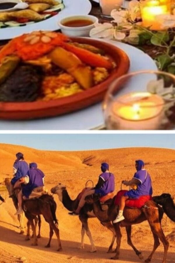 Camel ride in the Agafay Desert at sunset, followed by a traditional Moroccan dinner and live entertainment.