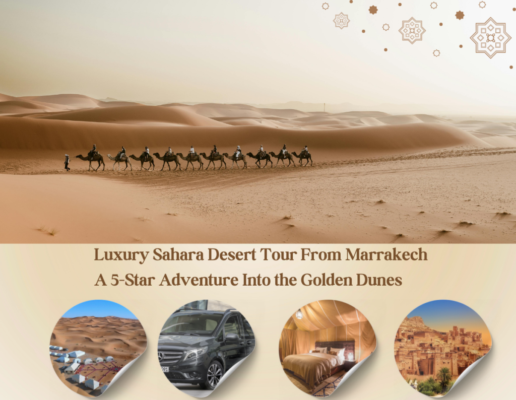 Luxury Sahara Desert Tour from Marrakech – Camel trek at sunset in the golden dunes of the Moroccan Sahara.