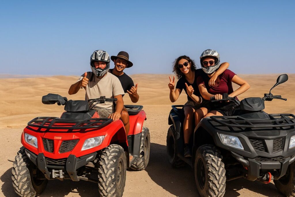 Group of friends enjoying a quad biking adventure in the Agafay Desert near Marrakech, Morocco.