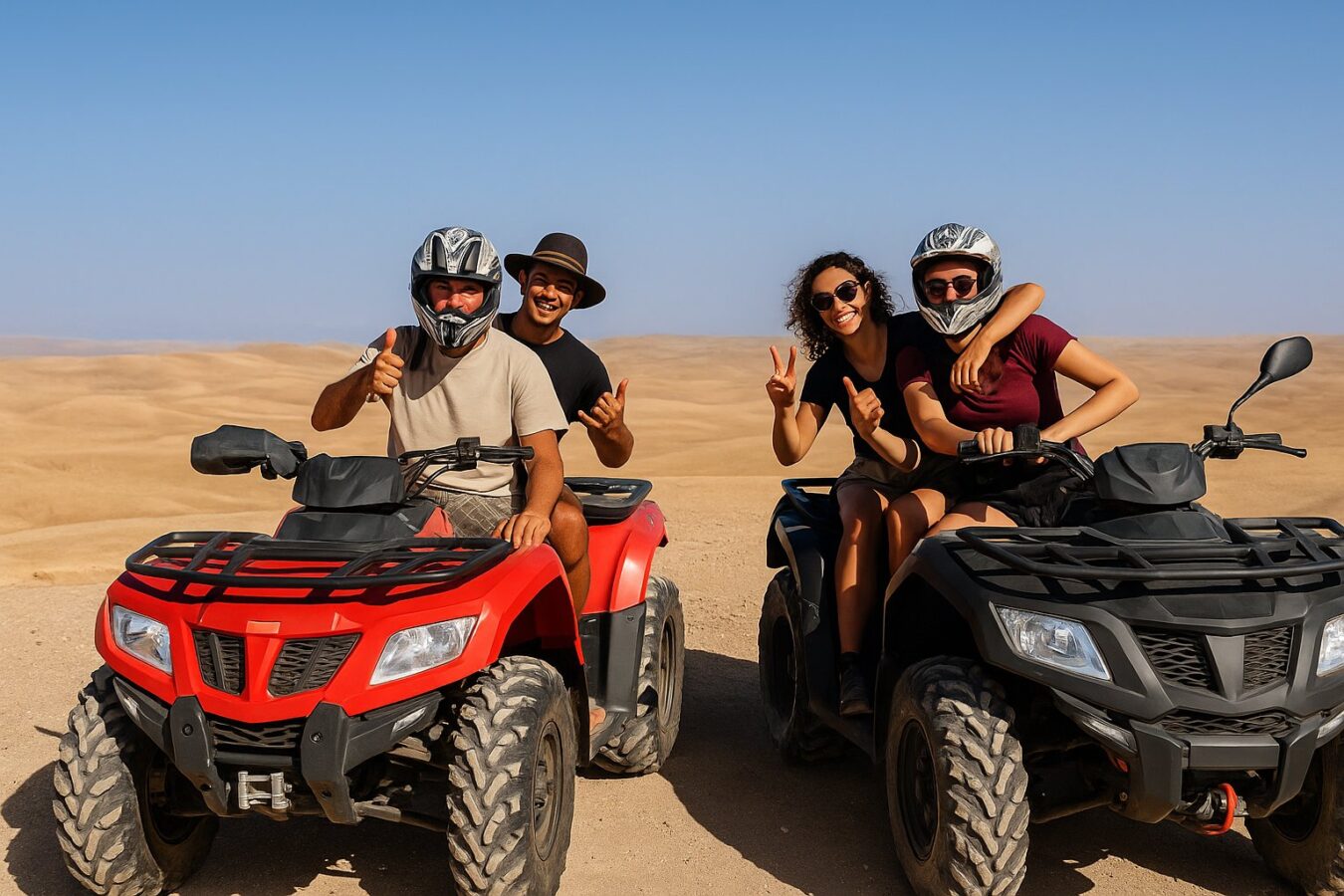 Group of friends enjoying a quad biking adventure in the Agafay Desert near Marrakech, Morocco.