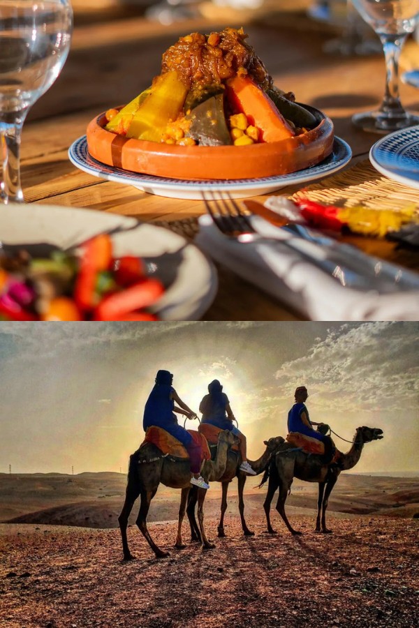 Traditional Moroccan dinner with vegetable couscous and camel ride at sunset in Agafay Desert near Marrakech